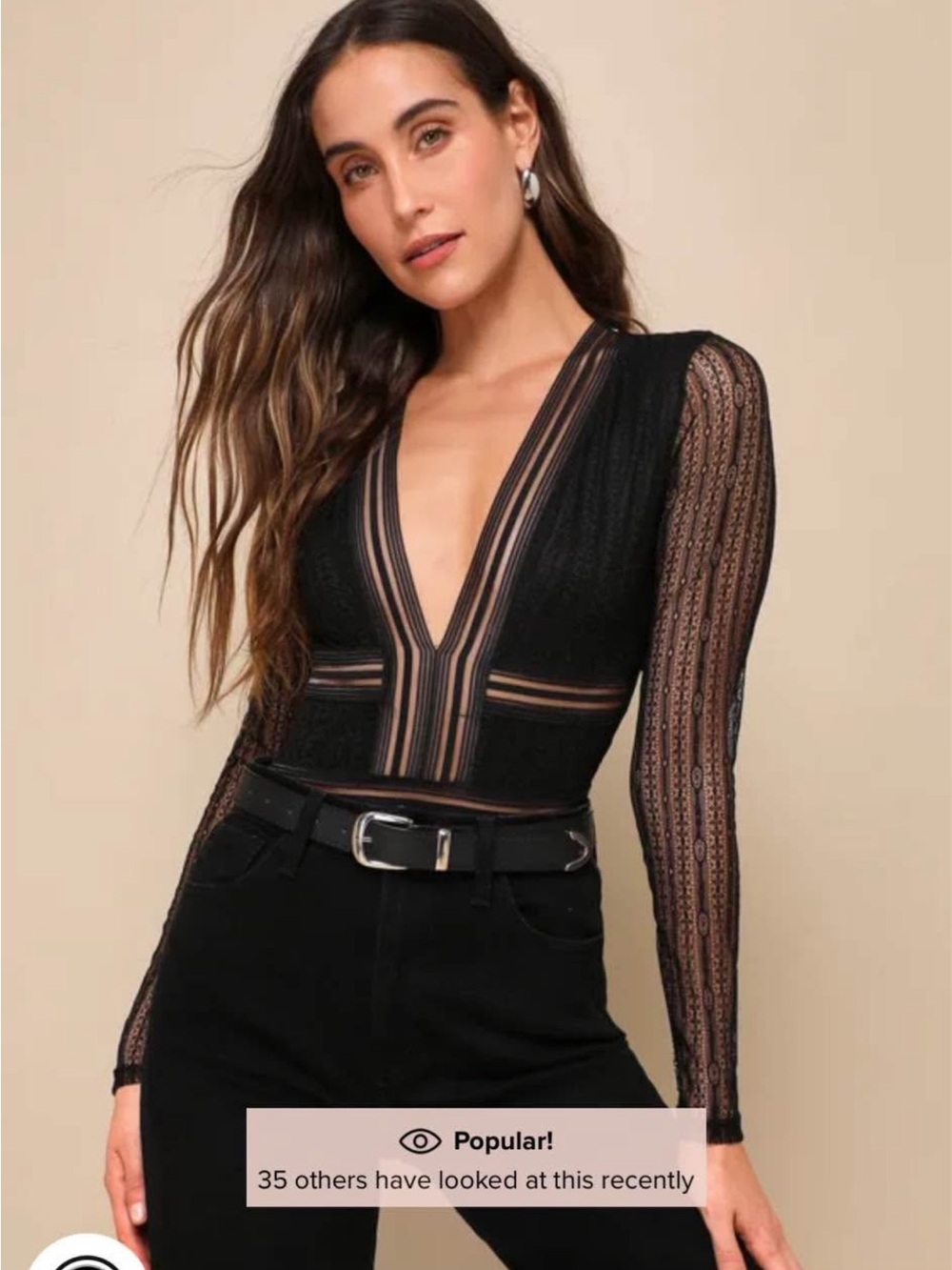 Lulu's Black Sheer Lace Plunge Long-Sleeve Bodysuit